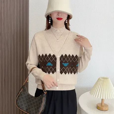 设计感假两件毛衣女卡通爆款半高领套头针织衫撞色显瘦打底衫上衣商品大图