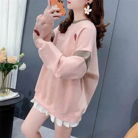 设计感甜美圆领加绒加厚卫衣女冬季韩版宽松时尚拼色长袖减龄上衣商品大图