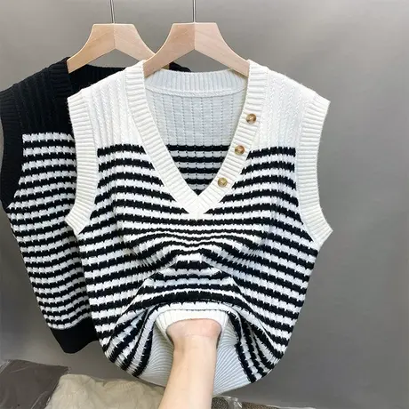 马甲背心针织秋冬外穿2023年新款女士宽松条纹韩版潮马夹V领外搭商品大图