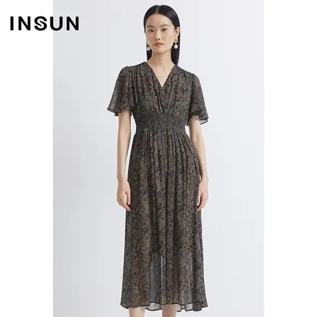 INSUN恩裳夏季复古印花显瘦轻薄连衣裙图片