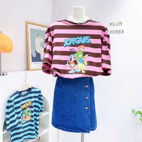 韩国东大门泡泡袖上衣2023春夏款ins减龄休闲别致洋气条纹短袖T恤图片