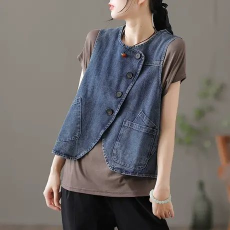 dza 斜襟牛仔马甲女士夏季背心新款外搭无袖马夹坎肩口袋显瘦上衣图片