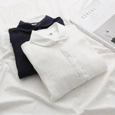 春秋日系文艺小清新娃娃领双层棉纱白衬衫女学生宽松纯棉打底衬衣图片