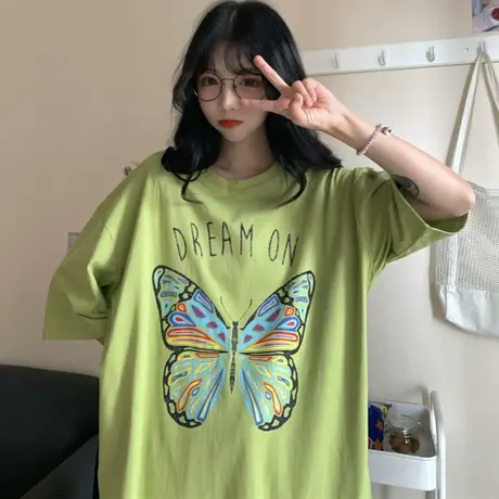 网红大版短袖t恤女宽松韩版学生百搭原宿bf慵懒风ins超火上衣服潮图片