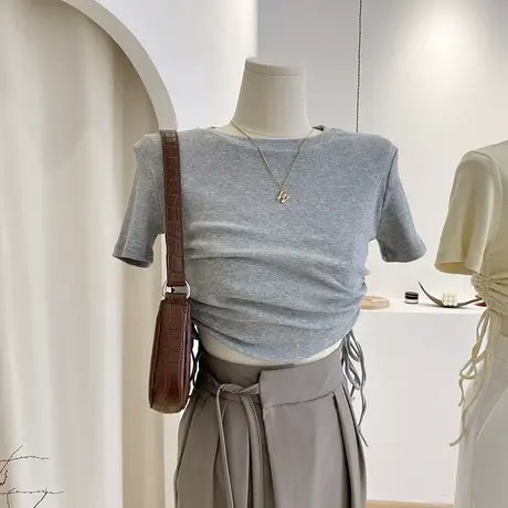 短袖t恤女夏季2021新款韩版抽绳设计感洋气修身显瘦短款高腰上衣图片