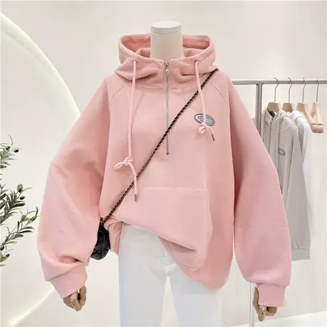 卫衣女春秋薄款2021新款韩国东大门百搭宽松拉链BF慵懒风连帽外套商品大图