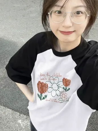 2023新款仿棉插肩袖撞色设计感短袖T恤女夏季宽松半袖体恤ins潮牌商品大图