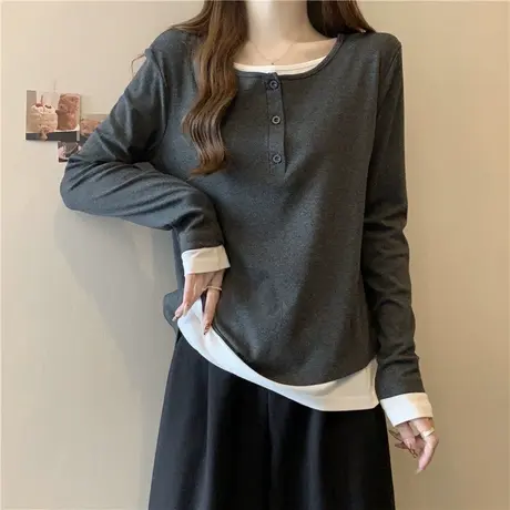 小众别致设计感假两件长袖T恤女春秋内搭宽松打底衫韩版学生上衣商品大图