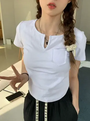 不规则白色正肩短袖V领T恤女夏设计感小众辣妹纯欲修身短款上衣商品大图
