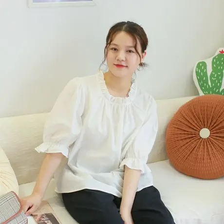 【买一送一】夏新品法式复古木耳边衬衫大码棉质百搭宽松上衣商品大图