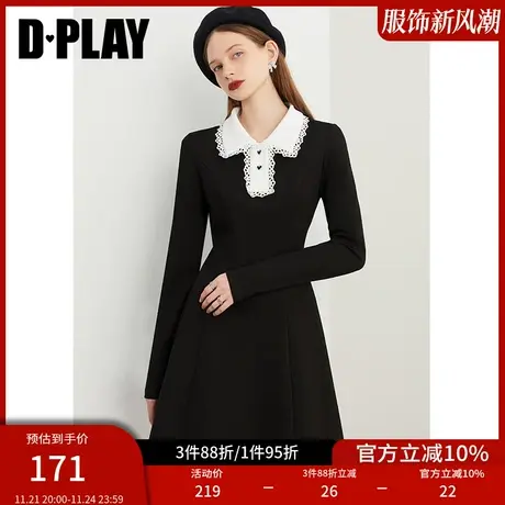 DPLAY秋装季新款法式气质蕾丝拼接Polo领熊猫色A摆连衣裙图片