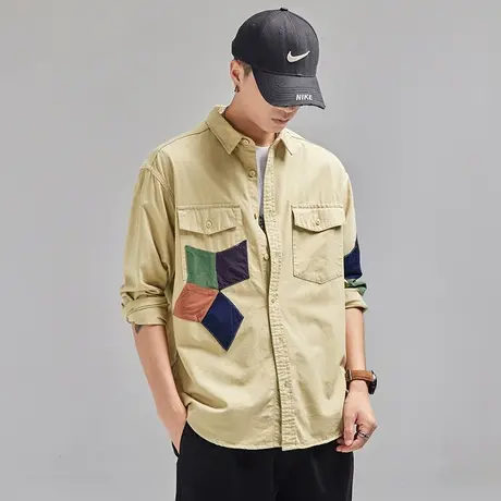 Modi Nick/摩帝尼克男士复古潮流衬衫纯棉水洗工艺拼色休闲衬衫图片