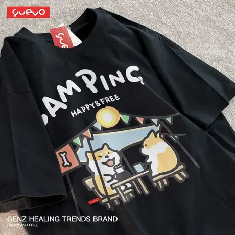 悦游  露营柯基柴犬 夏季短袖T恤男透气卡通ins风日系短袖帐篷商品大图