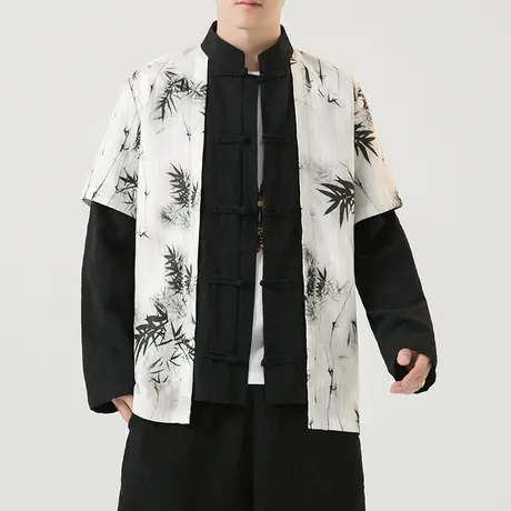 新款秋季男长袖衬衫中国风假两件复古中式男装竹叶印花个性打底衫图片