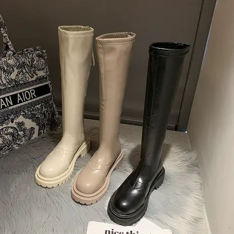 棕色长靴女2023年新款厚底长筒靴粗腿显瘦小个子不过膝高筒骑士靴图片