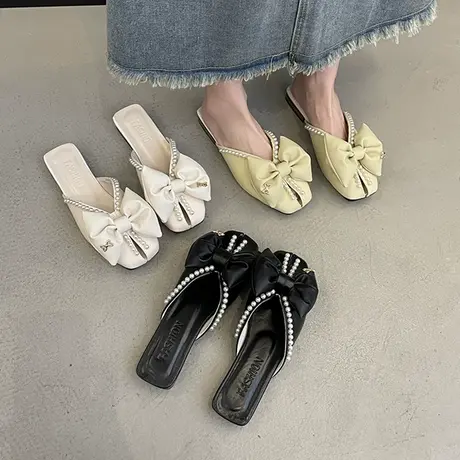 包头半拖鞋女夏季外穿2023年新款韩版蝴蝶结珍珠平底软底鱼嘴凉拖图片