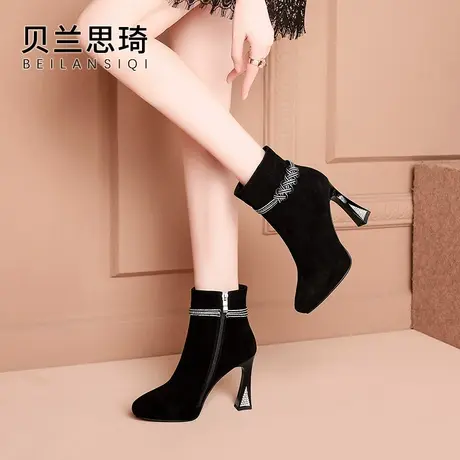 磨砂真皮水钻尖头厚底粗跟短靴女2023秋冬季新款防水台高跟时装靴图片