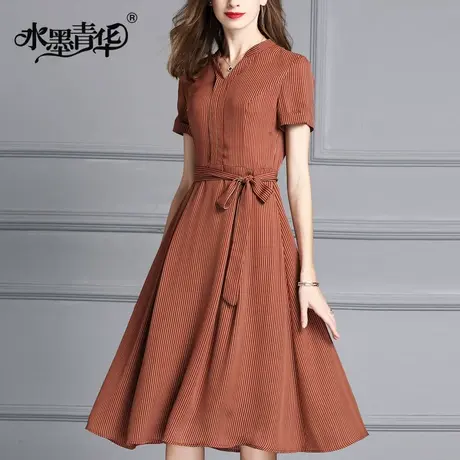 【1件7.9折】夏装新品女装简约系带修身条纹大摆收腰中长连衣裙图片