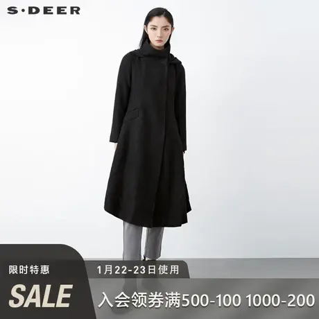 sdeer圣迪奥冬季女装高领连帽拼接中长款黑色毛呢大衣S20481832🐼商品大图