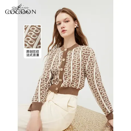 miss COCOON时髦复古花纹针织衫2023秋新款女时尚泡泡袖设计上衣图片