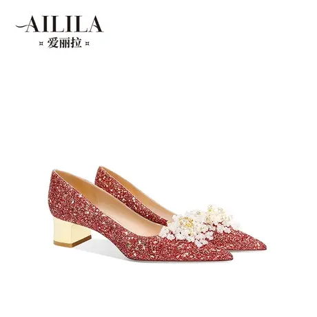 爱丽拉红色粗跟结婚鞋女2025新款春季秀禾服中式新娘水晶鞋不累脚图片