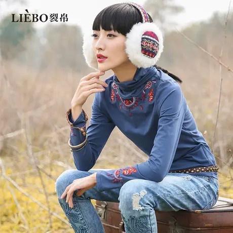 裂帛设计感刺绣蓝色半高领打底衫T恤女2024春新款堆堆领内搭上衣商品大图