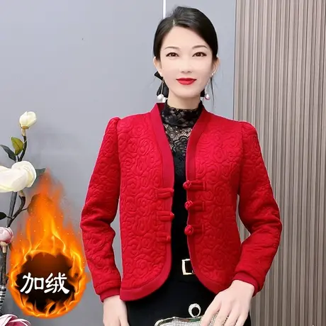 中式盘扣上衣女秋冬新款夹棉短款夹克外套女复古中国风妈妈薄棉服图片