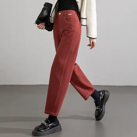 毛呢裤子女秋冬季新款2024爆款休闲裤哈伦裤呢子女裤小个子酒红色商品大图