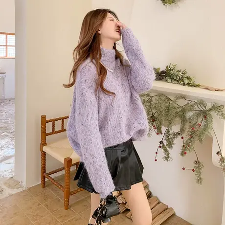 othermix 重工针织高领毛衣女2023秋冬新款宽松慵懒保暖短款外套图片