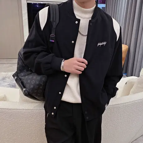秋季男士夹克外套机车男装棒球服修身立领刺绣潮流休闲拼色拼接商品大图