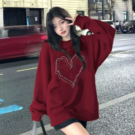 美式复古圆领卫衣vintage古着加绒外套ins潮冬季大码爱心情侣上衣商品大图