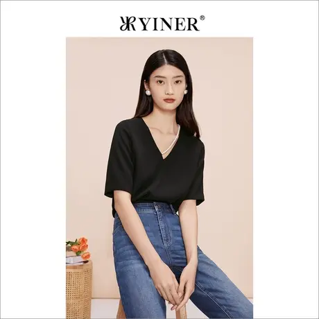 【醋酸系列】YINER音儿线上专选女装2023夏季短袖衬衫V领上衣商品大图
