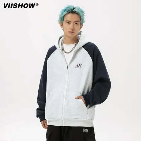 VIISHOW撞色插肩袖连帽开衫卫衣男春款国潮百搭时尚运动休闲外套商品大图