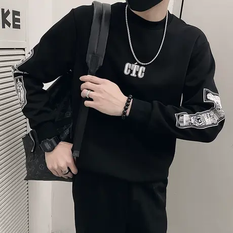 2024春季新款潮牌长袖上衣男设计感小众潮流撞色字母套头卫衣t恤商品大图