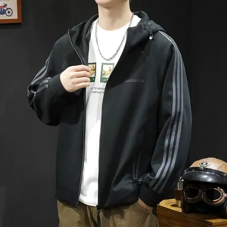春秋季拉链开衫卫衣男连帽2024新款潮牌大码男士条纹运动外套黑色商品大图