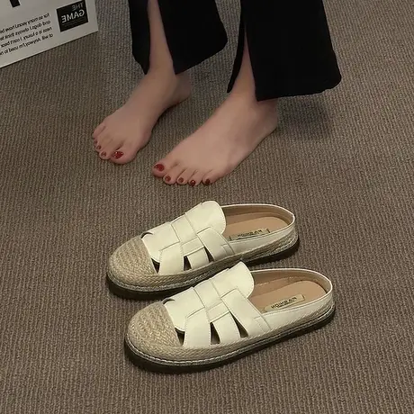 包头半拖鞋女外穿2024年新款夏季平底防滑编织懒人渔夫鞋休闲凉拖商品大图