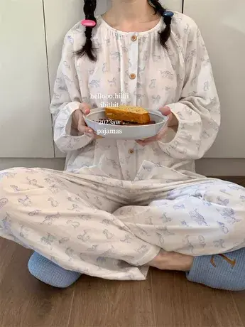 全棉双层纱布睡衣~四季韩版细棉纱圆领开衫长裤家居服女商品大图