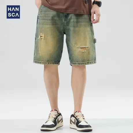hansca美式复古黄泥染破洞牛仔短裤男夏季宽松直筒休闲百搭五分裤商品大图