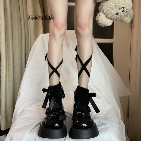 蕾丝边十字架交叉绑带袜子黑色可爱日系ins短筒纯色袜子图片