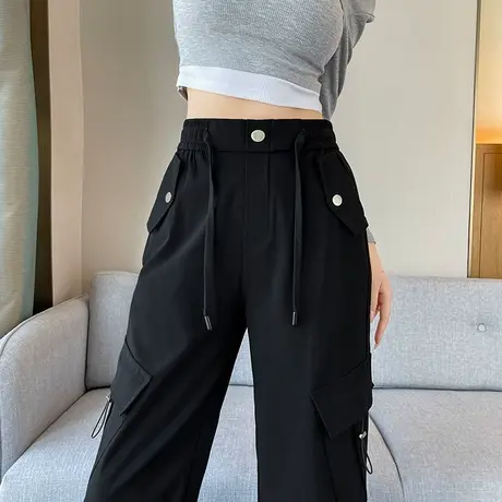 黑色阔腿工装裤女春秋2024美式高腰显瘦休闲宽松束脚两穿直筒裤子商品大图