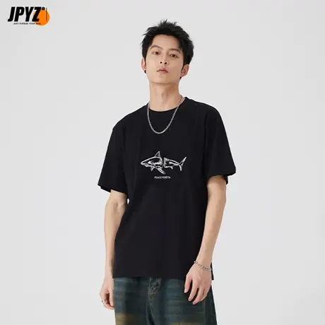 纯棉短袖t恤男士圆领夏季新款半袖体恤薄款青年大码鲨鱼刺绣上衣商品大图