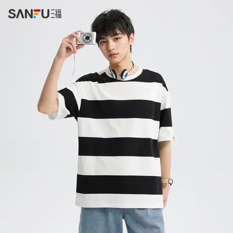 三福2024夏季男士条纹短T恤 休闲美式撞色圆领上衣男483168图片