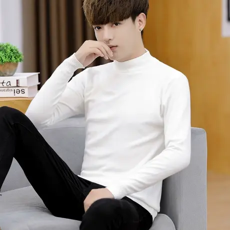 针织衫男内搭t恤长袖百搭圆领打底衫潮流秋冬季情侣装半高领毛衣商品大图