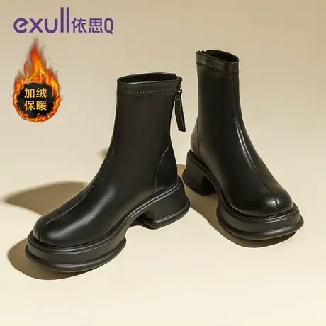 依思Q真皮女靴2023年秋冬季新款加绒圆头松糕底简约风女士时装靴图片