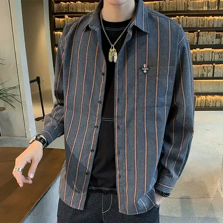 2023春秋季新款男士韩版潮流长袖衬衫休闲条纹衬衣格子帅气外套男商品大图