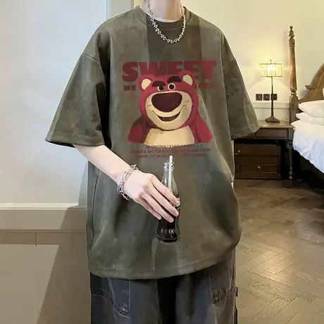 短袖T恤男2023夏季薄款透气休闲半袖潮流卡通草莓熊印花圆领打底商品大图