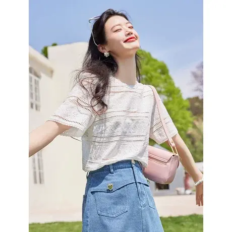 时尚气质镂空短袖衬衫2023年夏季新款淑女温柔圆领显瘦通勤上衣图片