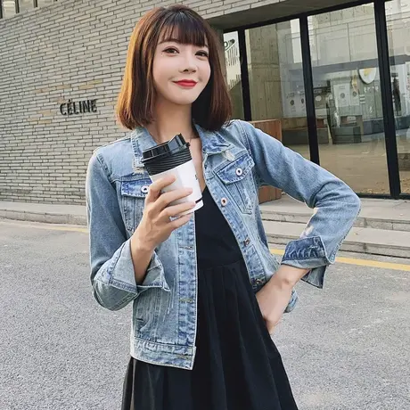 牛仔外套女春秋短款修身韩版新款显瘦长袖牛仔服上衣大码破洞图片