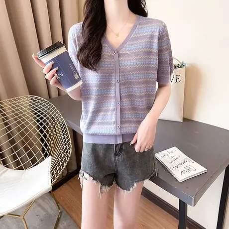 条纹针织衫短袖t恤女2023新款夏季女装薄款宽松半袖上衣正肩体恤商品大图