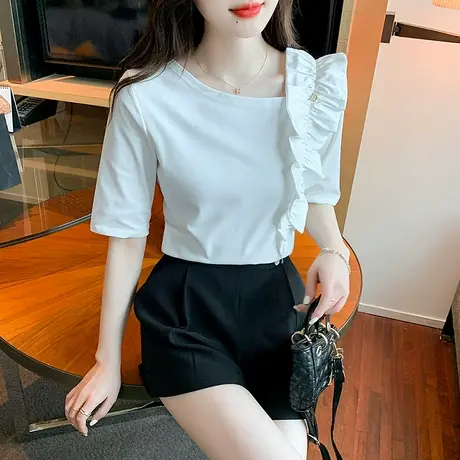 时尚荷叶边拼接T恤女短袖欧货白色洋气小衫ins设计感小众显瘦上衣商品大图